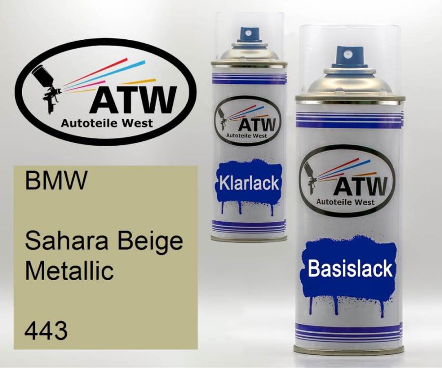 BMW, Sahara Beige Metallic, 443: 400ml Sprühdose + 400ml Klarlack - Set, von ATW Autoteile West.